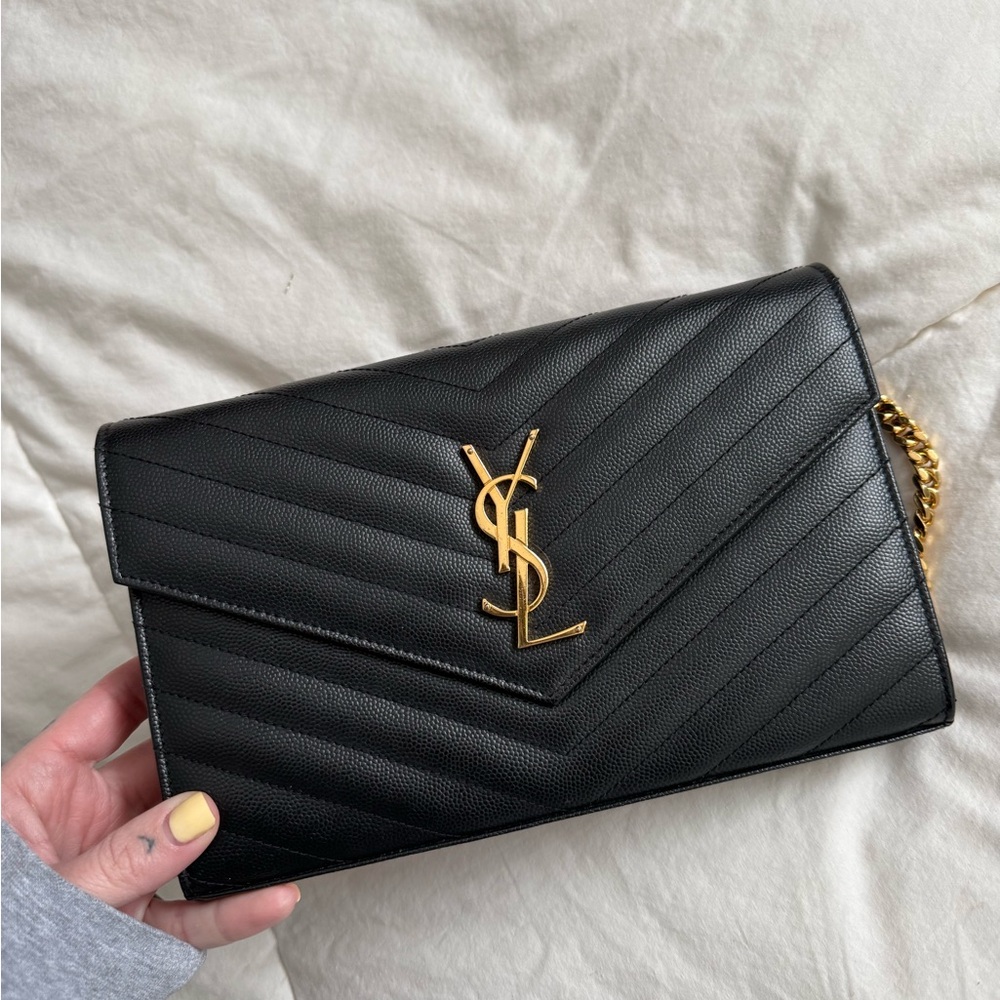 Saint Laurent Black Quilted Envelope Clutch with Gold YSL Logo